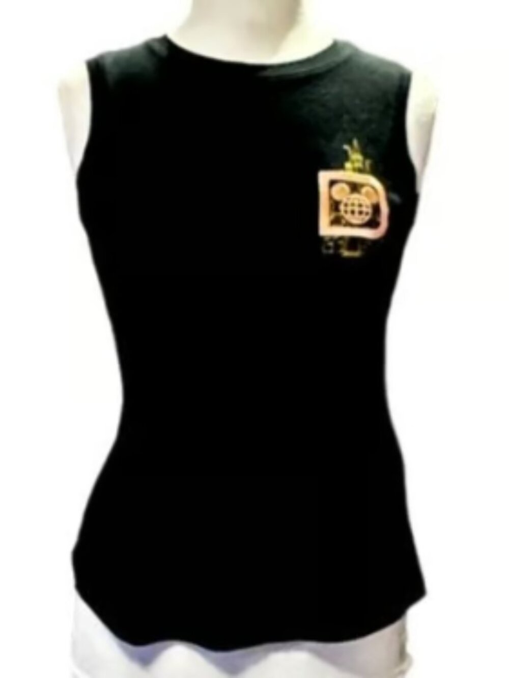 Disney Sleeveless Black Top Gold Metallic Mickey Mouse Logo Cotton Tank Top NWT